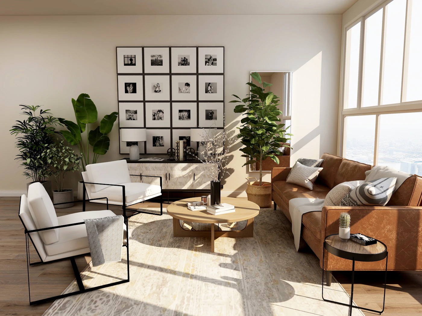 Lys stue med sofa og grønne planter