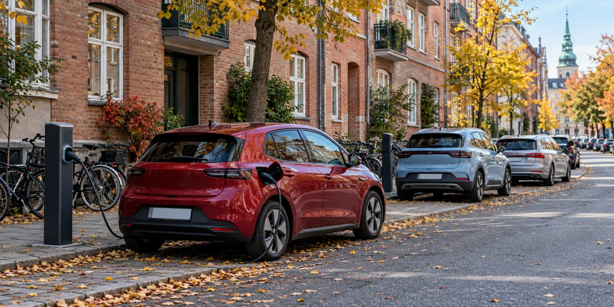 Forskellige elbiler parkeret i en dansk bygade.