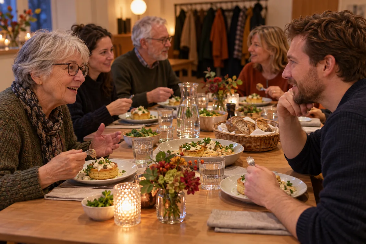 Voksne deler en middag med tarteletter ved et fælles langbord
